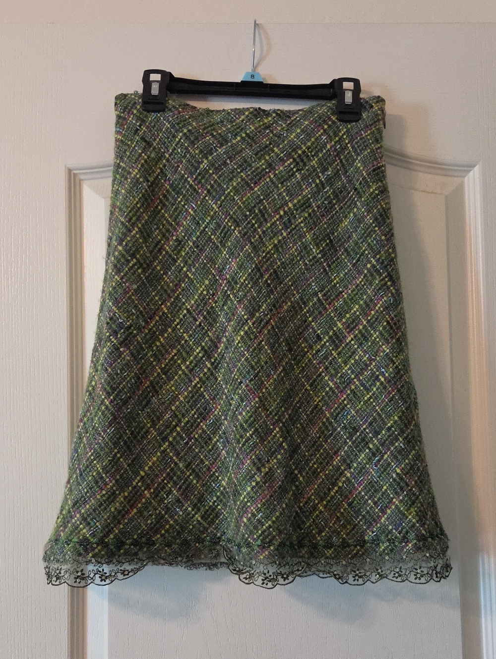 Express Green Tweed A-Line Skirt with Lace Hem